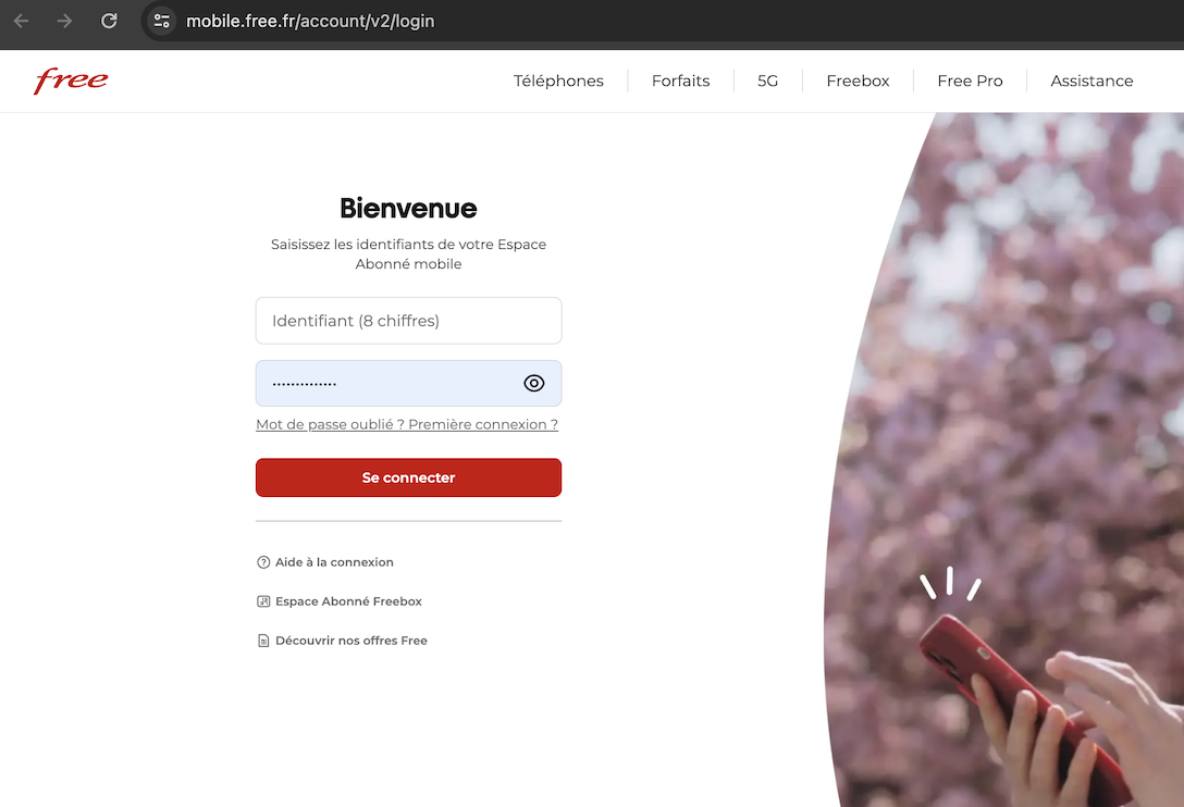 Capture d'écran Login Free Mobile login avec champs utilisateur et mot de passe.