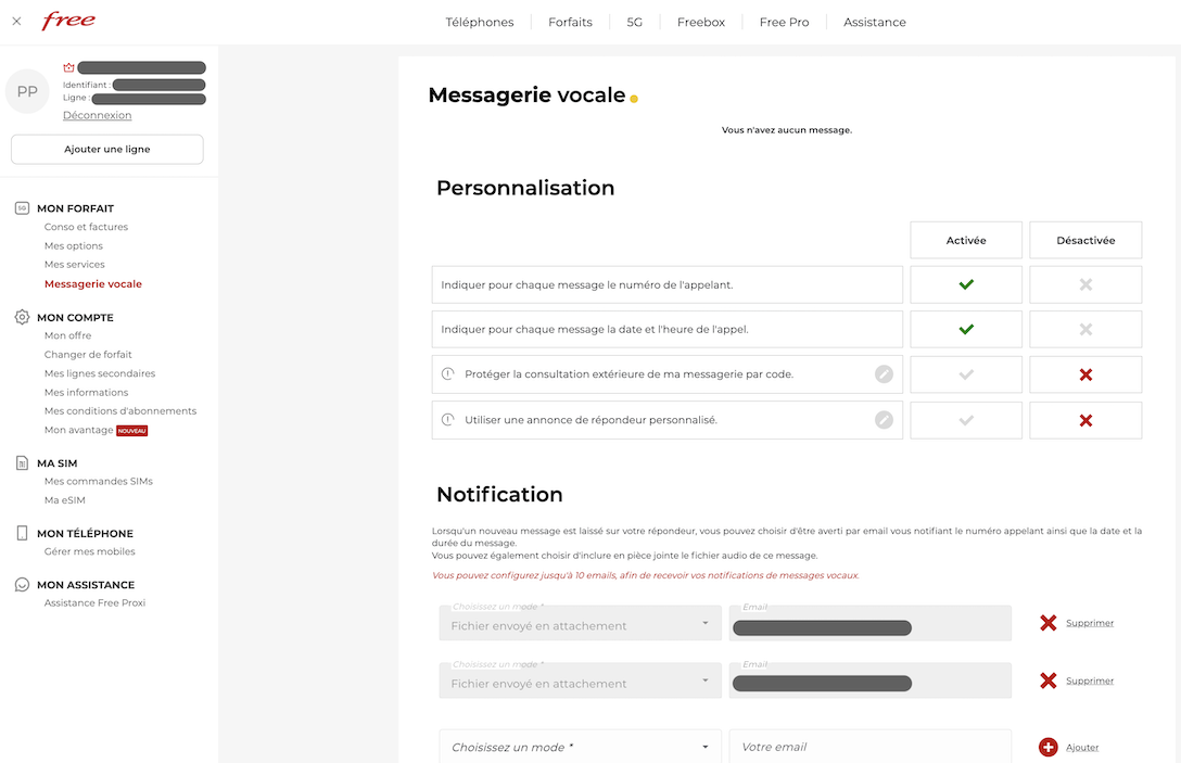 Screenshot paramètres de messagerie vocale Free Mobile