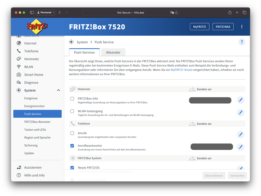 Fritz!box écran de configuration du service Push, étape 1