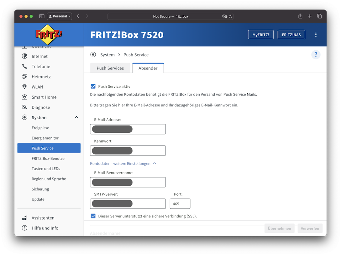 Fritz!box écran de configuration du service Push, étape 2