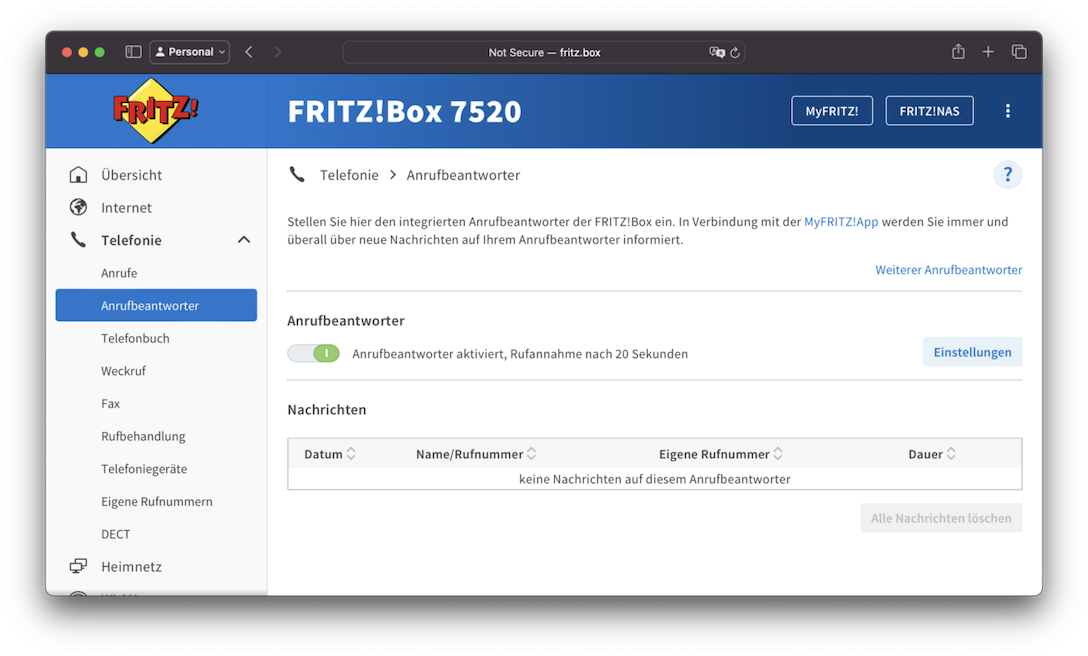 Fritz!box écran de configuration du répondeur, étape 1