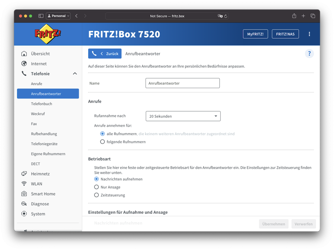 Fritz!box écran de configuration du répondeur, étape 2