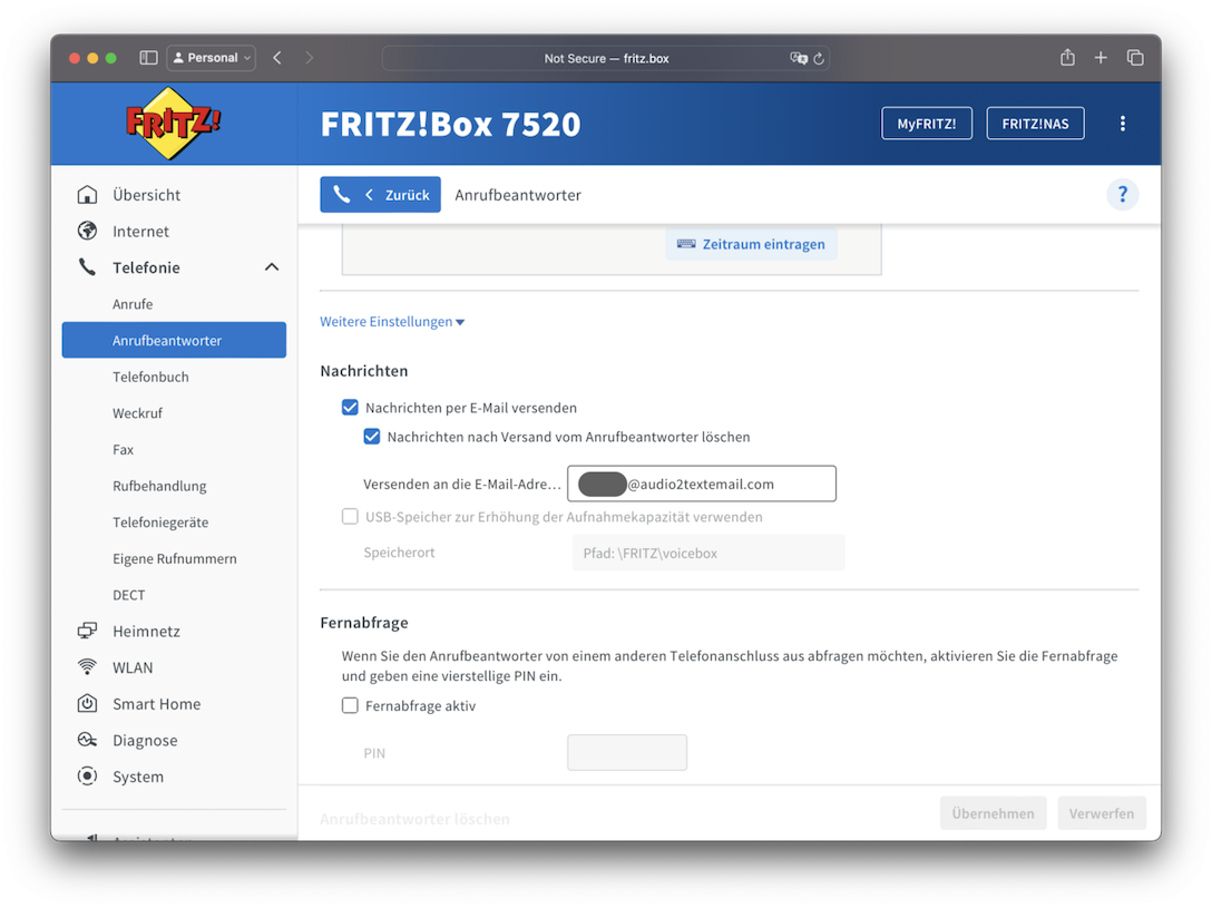 Fritz!box écran de configuration du répondeur, étape 3
