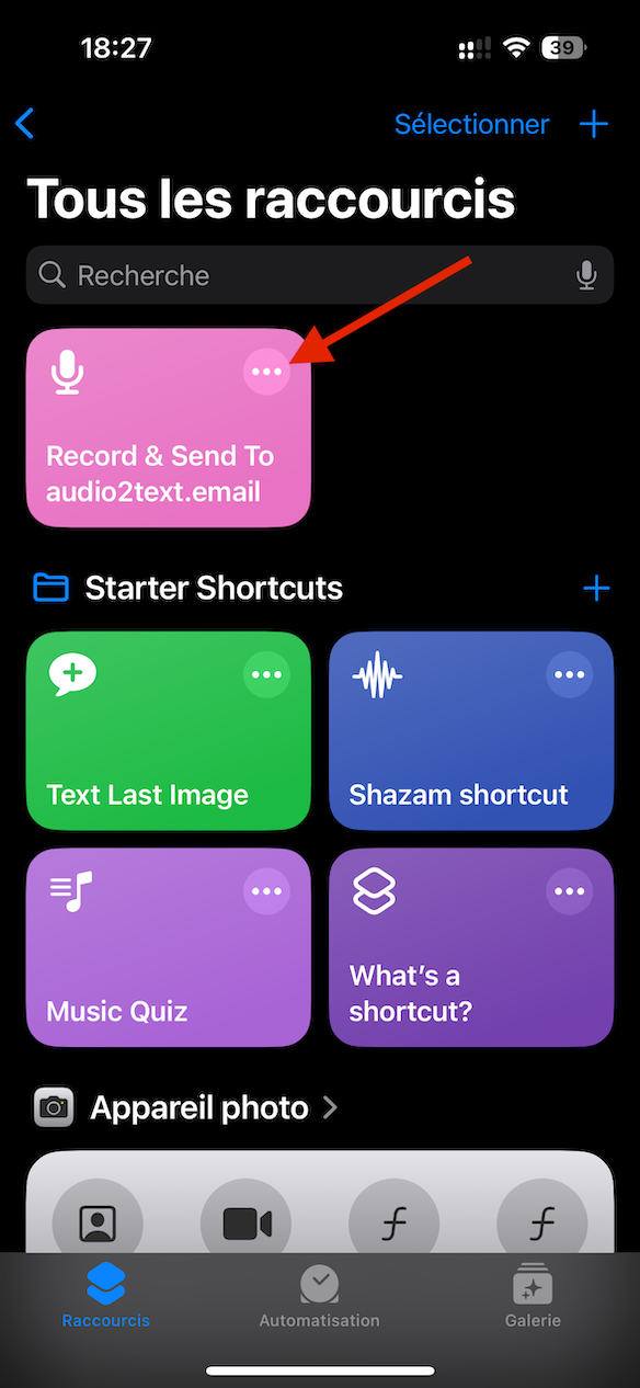 Configuration du raccourci audio2text.email étape 1