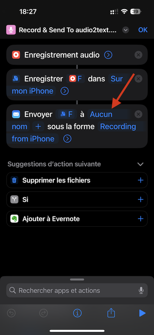 Configuration du raccourci audio2text.email étape 2