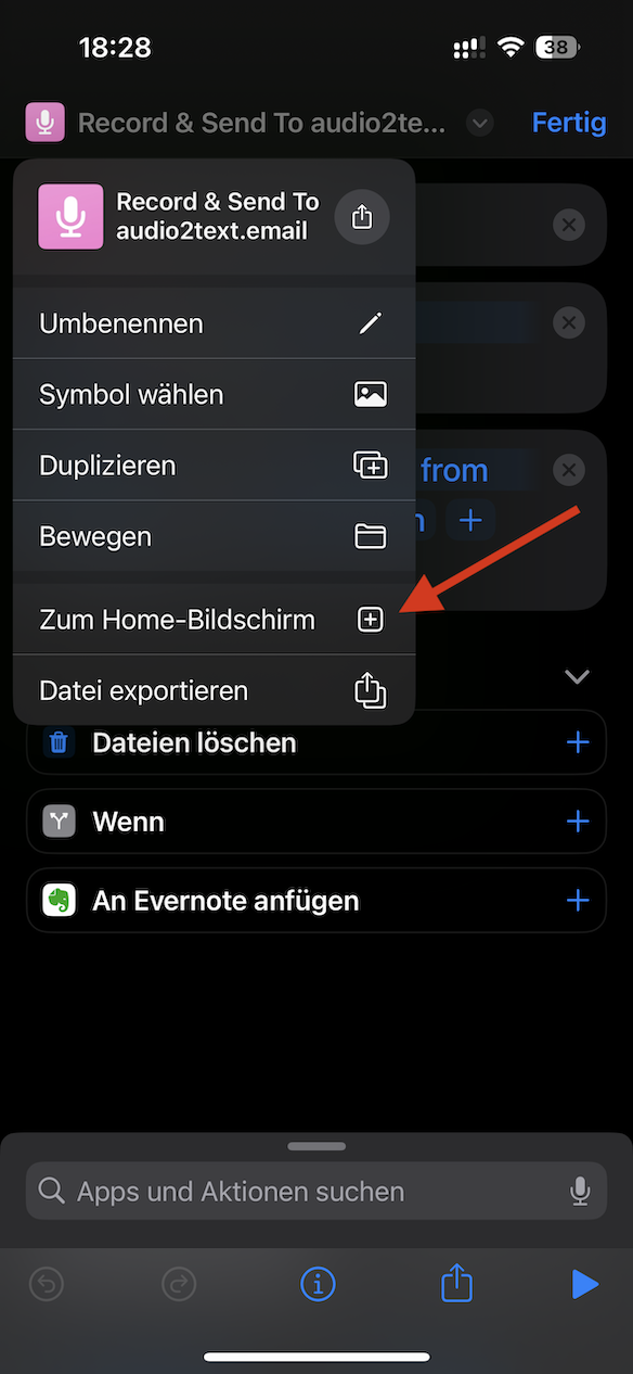 Konfiguration des Kurzbefehl für audio2text.email Teile 3.