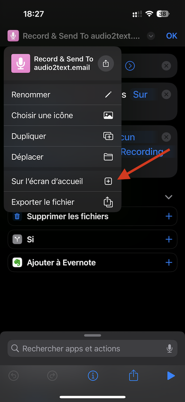 Configuration du raccourci audio2text.email étape 3
