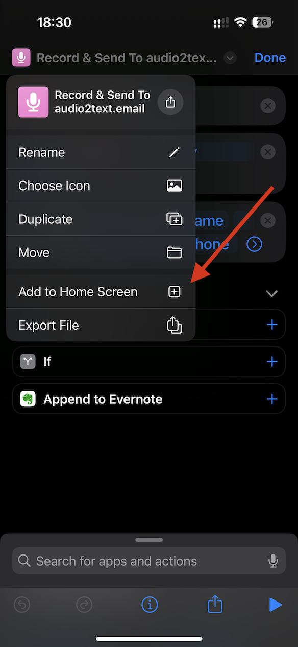 audio2text.email shortcut configuration step 3
