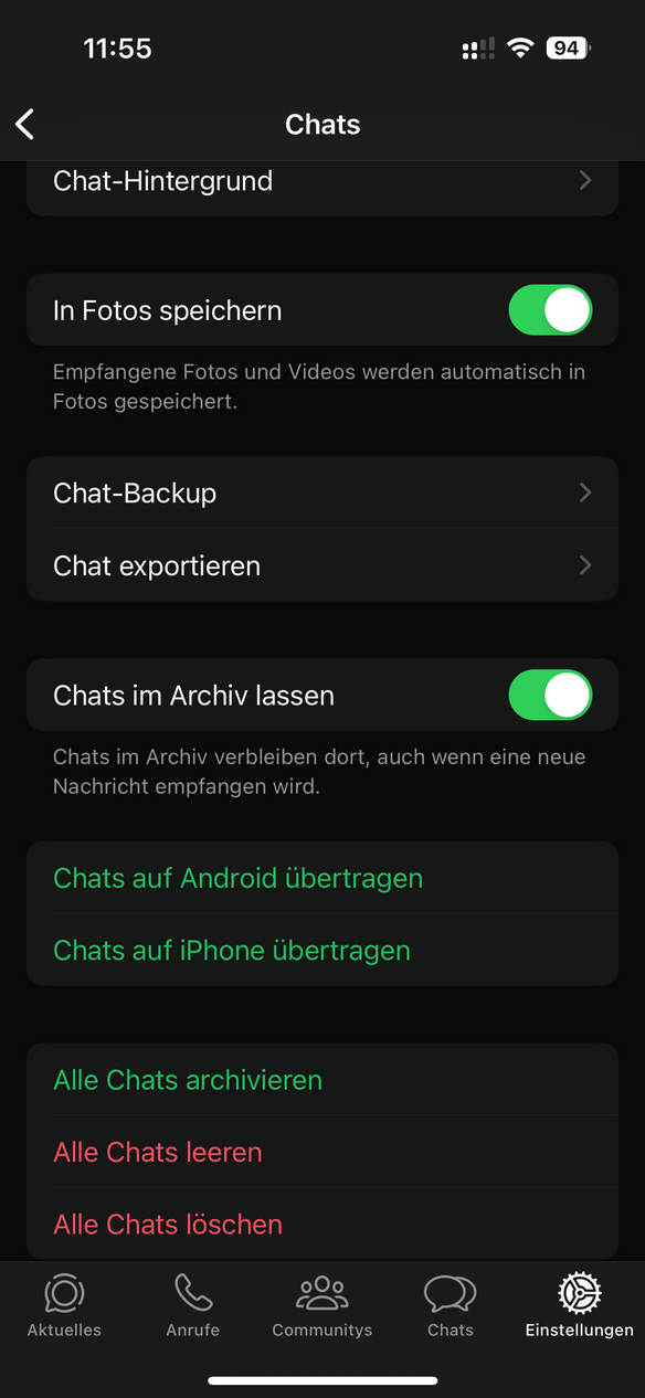 Screenshot der WhatsApp-Einstellungen: Die Option zumi Aktivieren oder Deaktivieren von Sprachnachrichtentranskripten ist nicht sichtbar