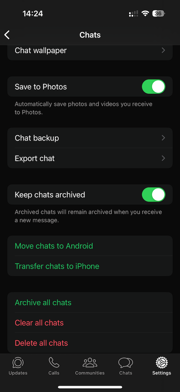 Screenshot of WhatsApp Settings: Option to Enable or Disable Voice Message Transcripts Not Visible