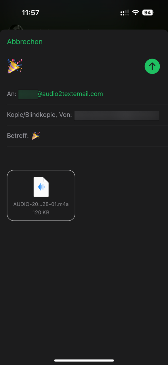 Screenshot der neuen E-Mail-Ansicht: Anhang an audio2text.email Email Adresse senden