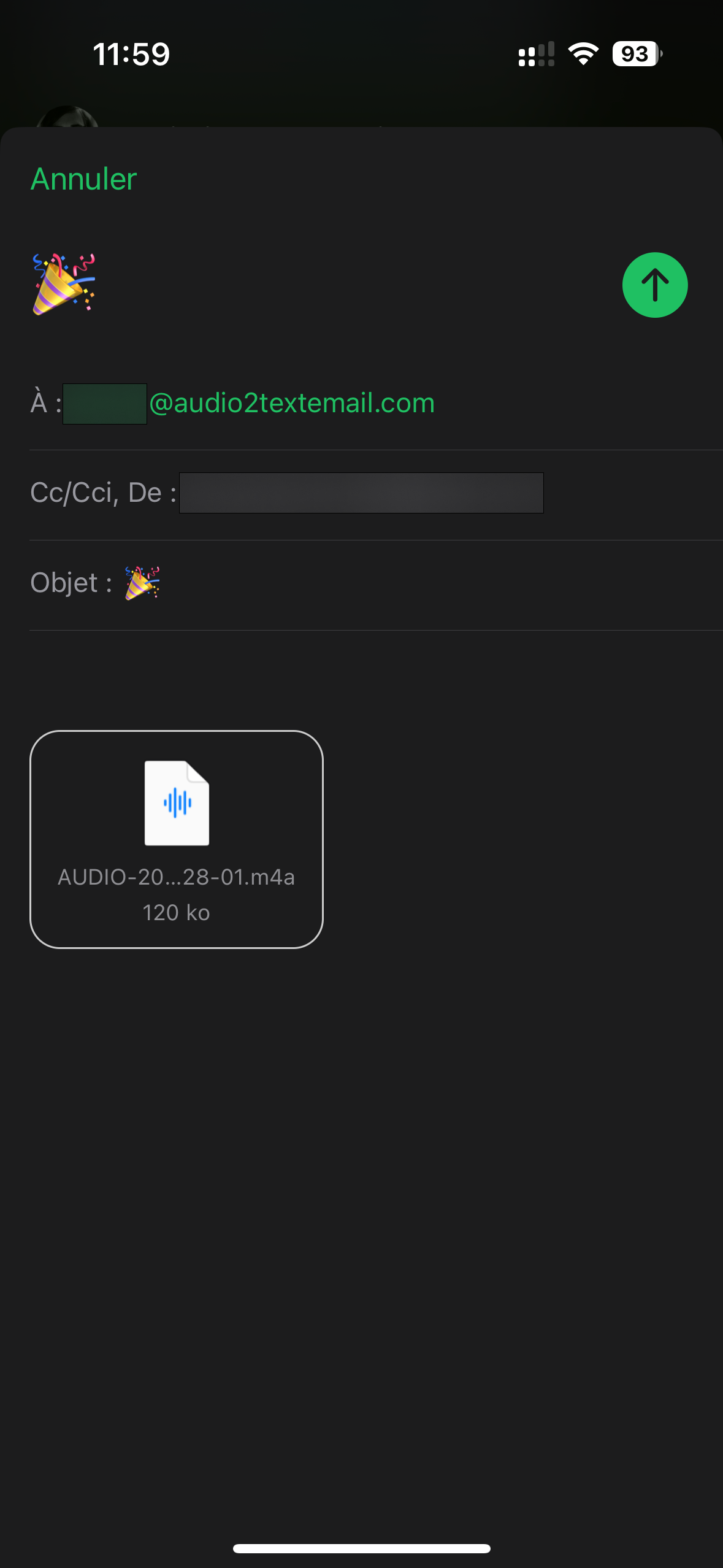 Capture d'écran de la fenêtre nouvelle email : Envoyer un fichier joint vers l'adresse audio2text.email