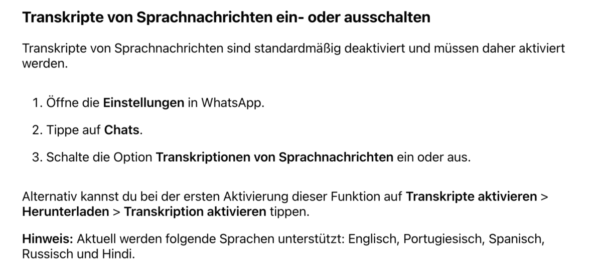 Screenshot der WhatsApp-Dokumentation, Android (Juni 2024)