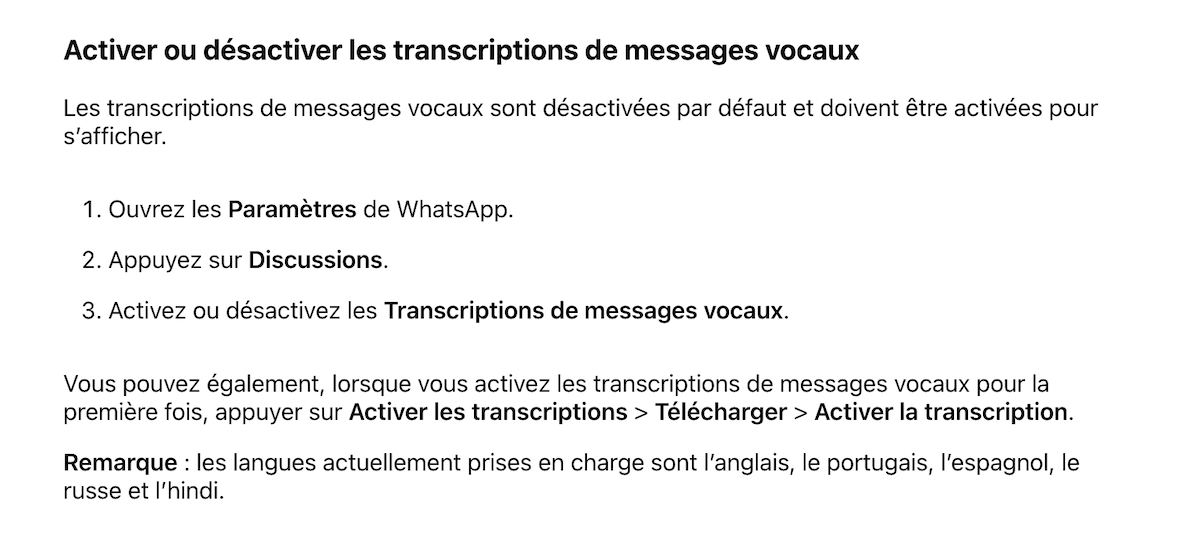 Capture d'écran de la documentation de WhatsApp, Android (juin 2024)