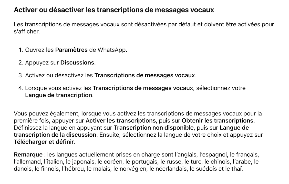 Capture d'écran de la documentation de WhatsApp, iOS (juin 2024)