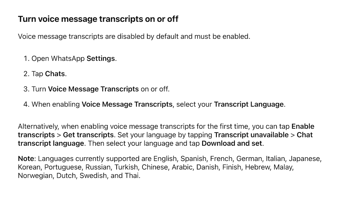 Screenshot of WhatsApp Documentation, iOS (June 2024)